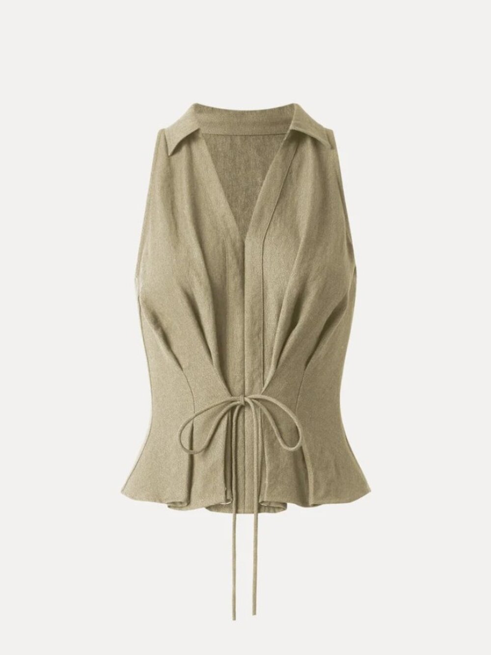 Collared V-neck Pleated Sleeveless Top with Drawstring - Ecru
